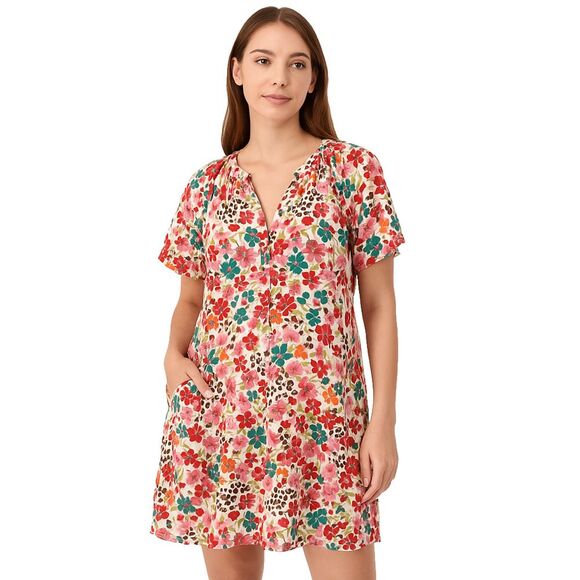NEW Easel Oversized Small Multicolor Floral Mini Dress Pockets Flutter Sleeves - Picture 1 of 16